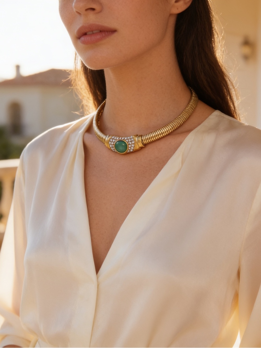 Gold Statement Stainless Steel Choker Necklace with Green Natural Stone